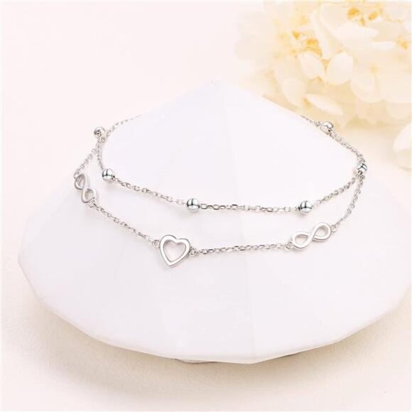 Sterling Silver Heart Infinity Anklet Adjustable Layered Beach Jewelry Women - Picture 3 of 8